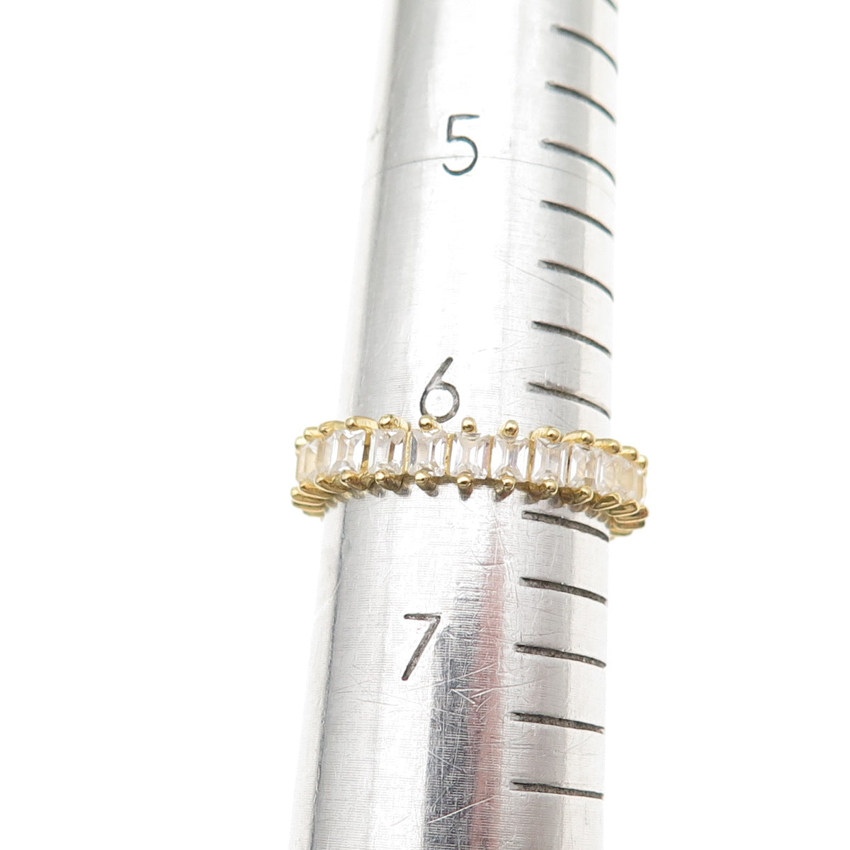 925 Sterling Silver Gold Plated Emerald-Cut C Z Eternity Band Ring Size 6.5