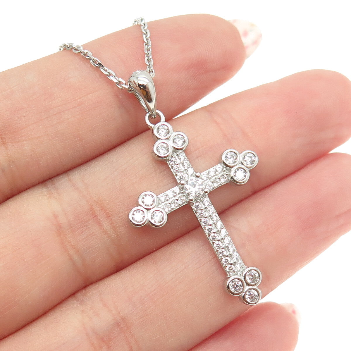 925 Sterling Silver Italy Round-Cut C Z Sparkle Cross Cable Chain Necklace 16"