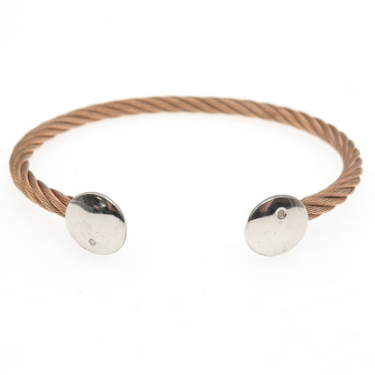 925 Sterling Accent & Stainless Steel Real Diamond Adjustable Bracelet 7.25"