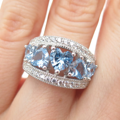 KEY STAR 925 Sterling Silver Heart & Round-Cut Blue White C Z Ring Size 6.25