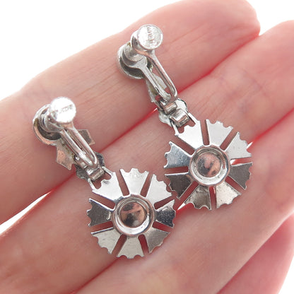 925 Sterling Silver Antique Real Marcasite Gemstone Flower Dangle Earrings