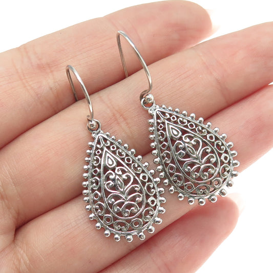 925 Sterling Silver Vintage Ornate Teardrop Dangle Earrings