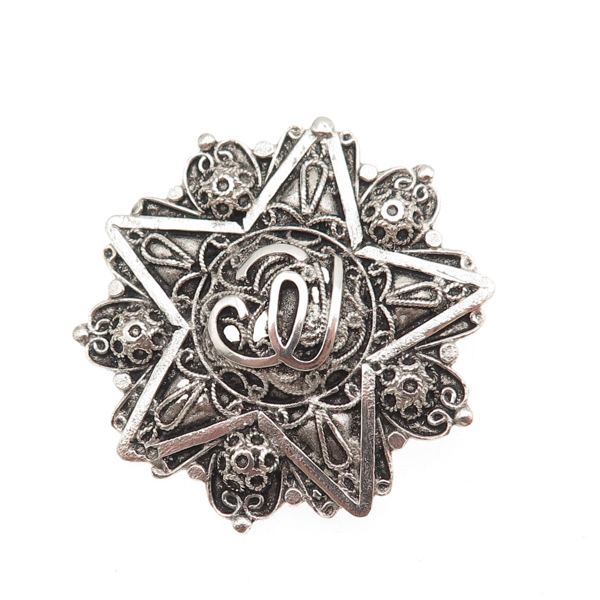 800 Silver Antique Art Deco Arabic Script Filigree Star Oxidized Pin Brooch