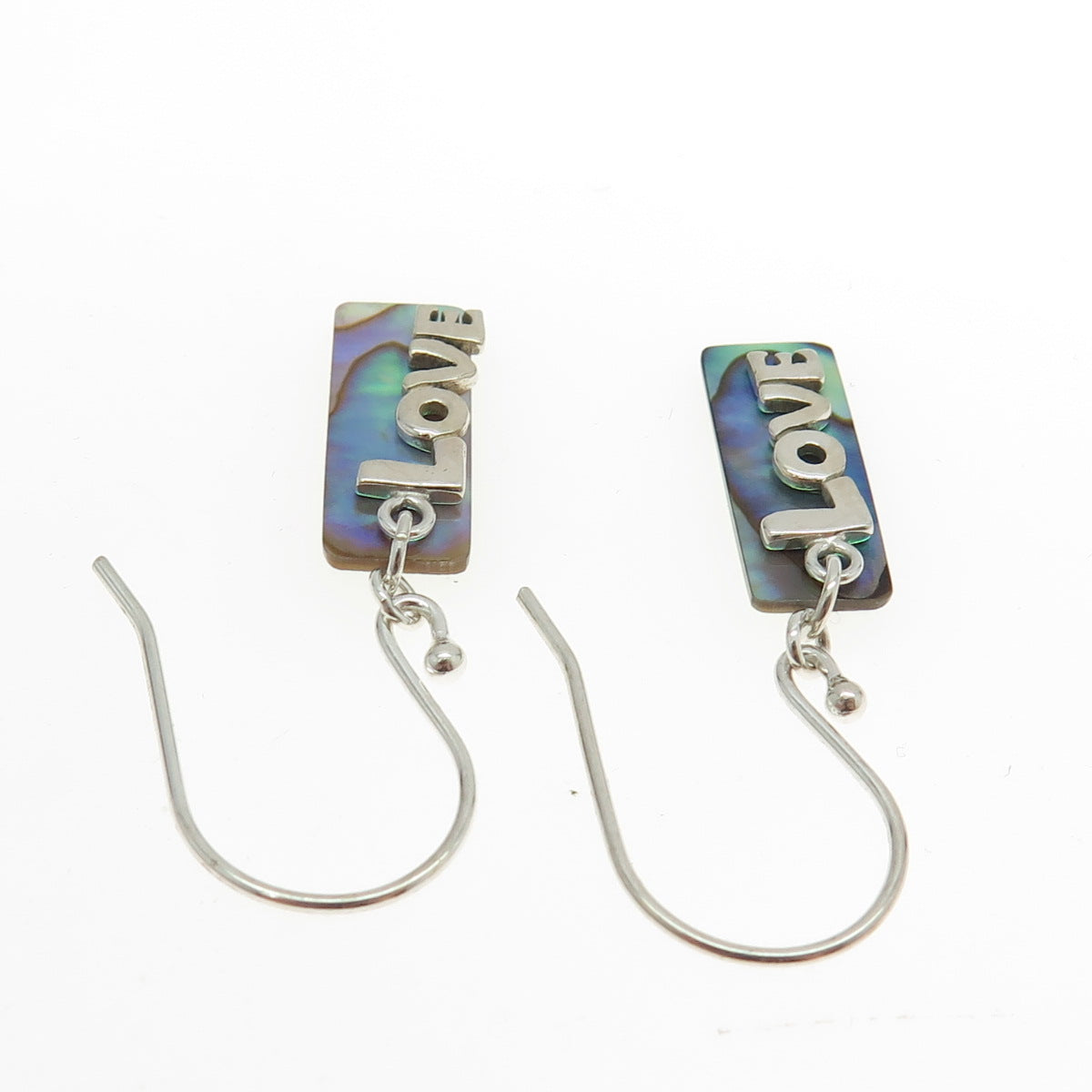 925 Sterling Silver Real Abalone Shell "LOVE" Dangling Bar Earrings