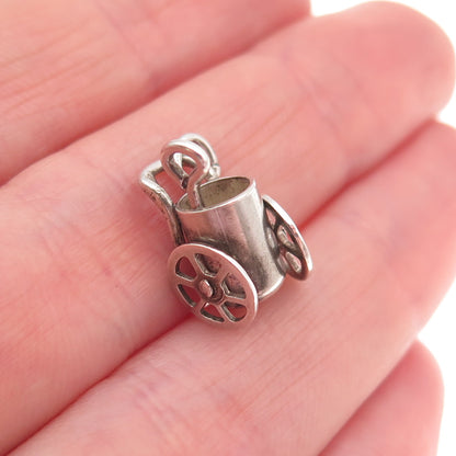 925 Sterling Silver Antique Art Deco Movable Garden Cart Basket 3D Mini Pendant