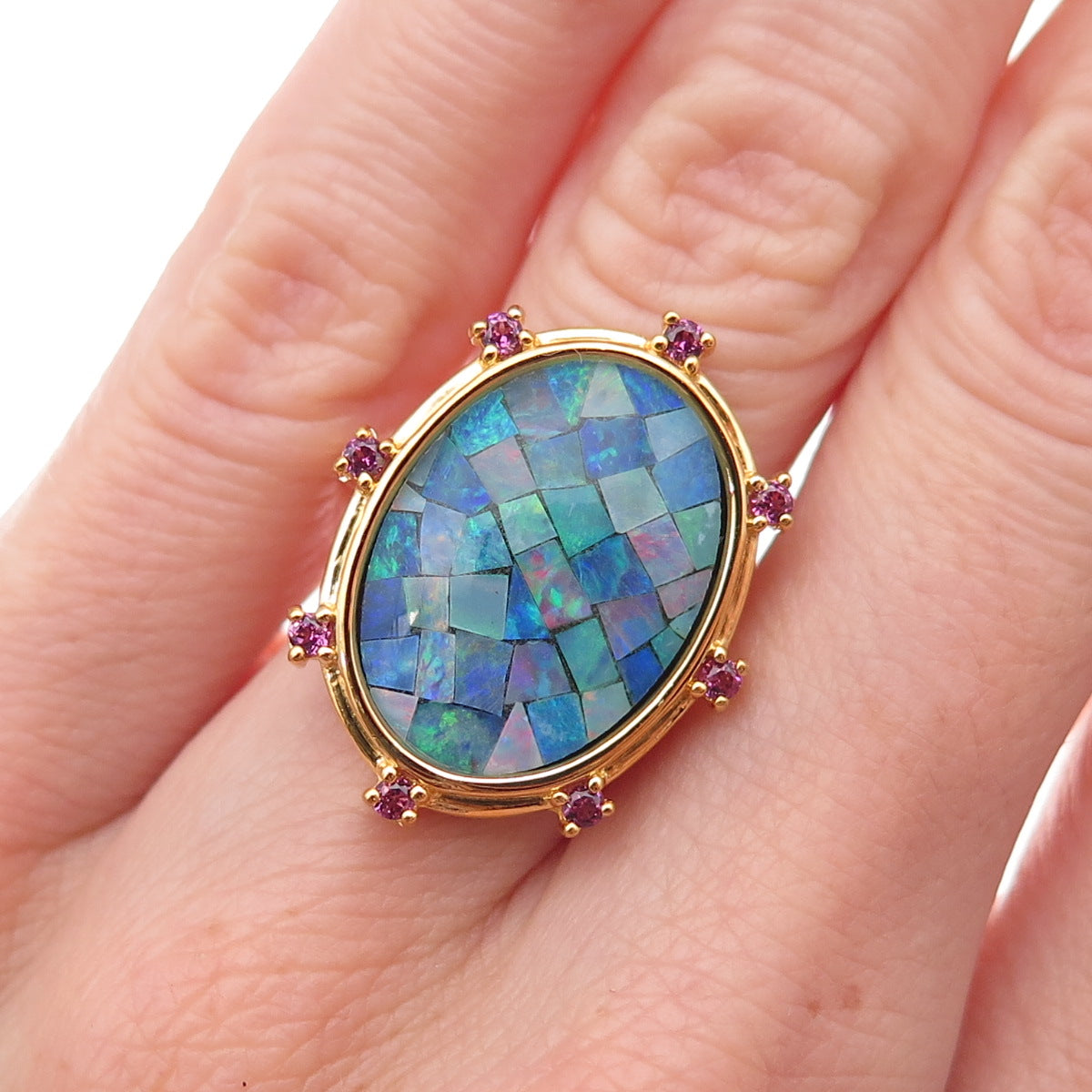 Dasan 925 Sterling Silver Gold Plated Real Opal & Amethyst Mosaic Ring Size 6