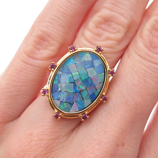 Dasan 925 Sterling Silver Gold Plated Real Opal & Amethyst Mosaic Ring Size 6