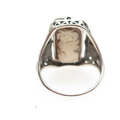 925 Sterling Silver Vintage Sapphire Onyx MOP Lady Cameo Reversible Ring Size 9