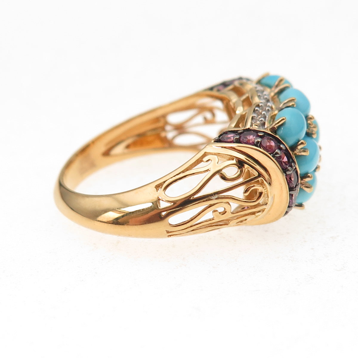 925 Sterling Silver Gold Plated Real Turquoise & Pink Sapphire Ring Size 8.25