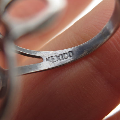 925 Sterling Silver Vintage Mexico Modernist Swirl Flower Oxidized Ring Size 7