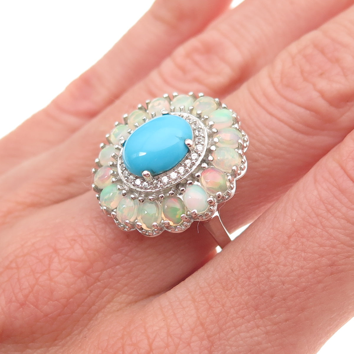 D'Joy 925 Sterling Silver Real Turquoise Opal & White Topaz Ring Size 8