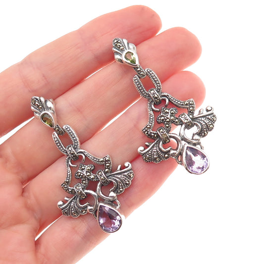 925 Sterling Vintage Real Amethyst Peridot Marcasite Earrings (missing 2 stones)