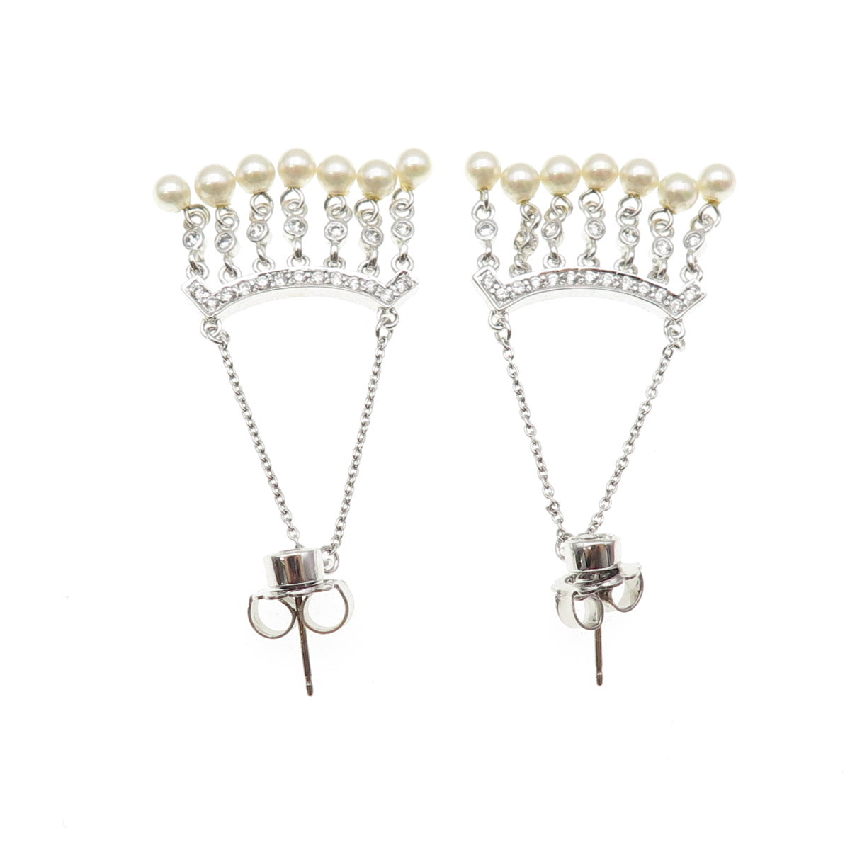 925 Sterling Silver Faux Pearl & C Z Chatelaine Dangle Earrings