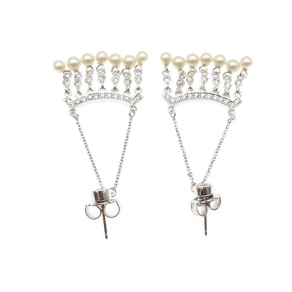 925 Sterling Silver Faux Pearl & C Z Chatelaine Dangle Earrings