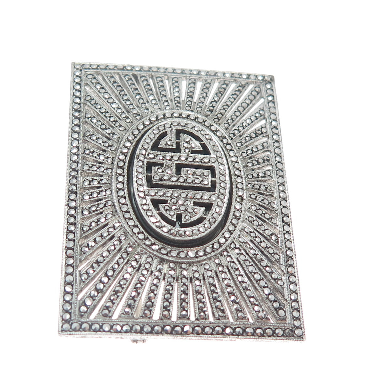 925 Sterling Silver Antique Real Black Onyx & Marcasite Gem EGS Monogram Brooch