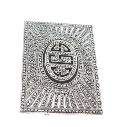 925 Sterling Silver Antique Real Black Onyx & Marcasite Gem EGS Monogram Brooch