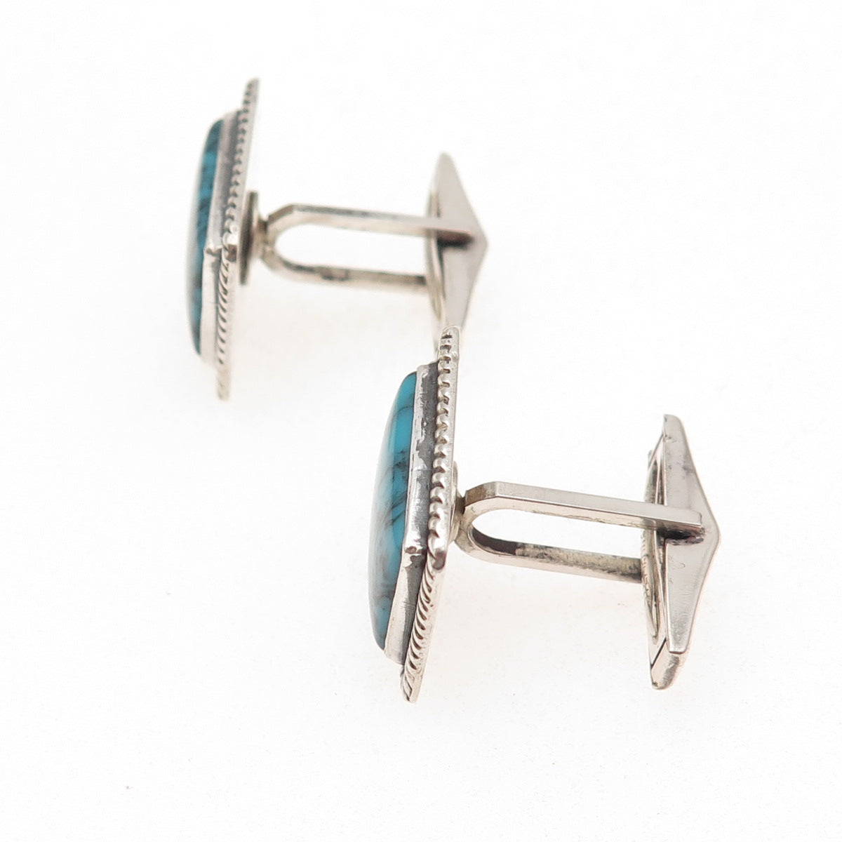 925 Sterling Silver Vintage Real Bisbee Turquoise Oxidized Cufflinks