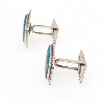 925 Sterling Silver Vintage Real Bisbee Turquoise Oxidized Cufflinks