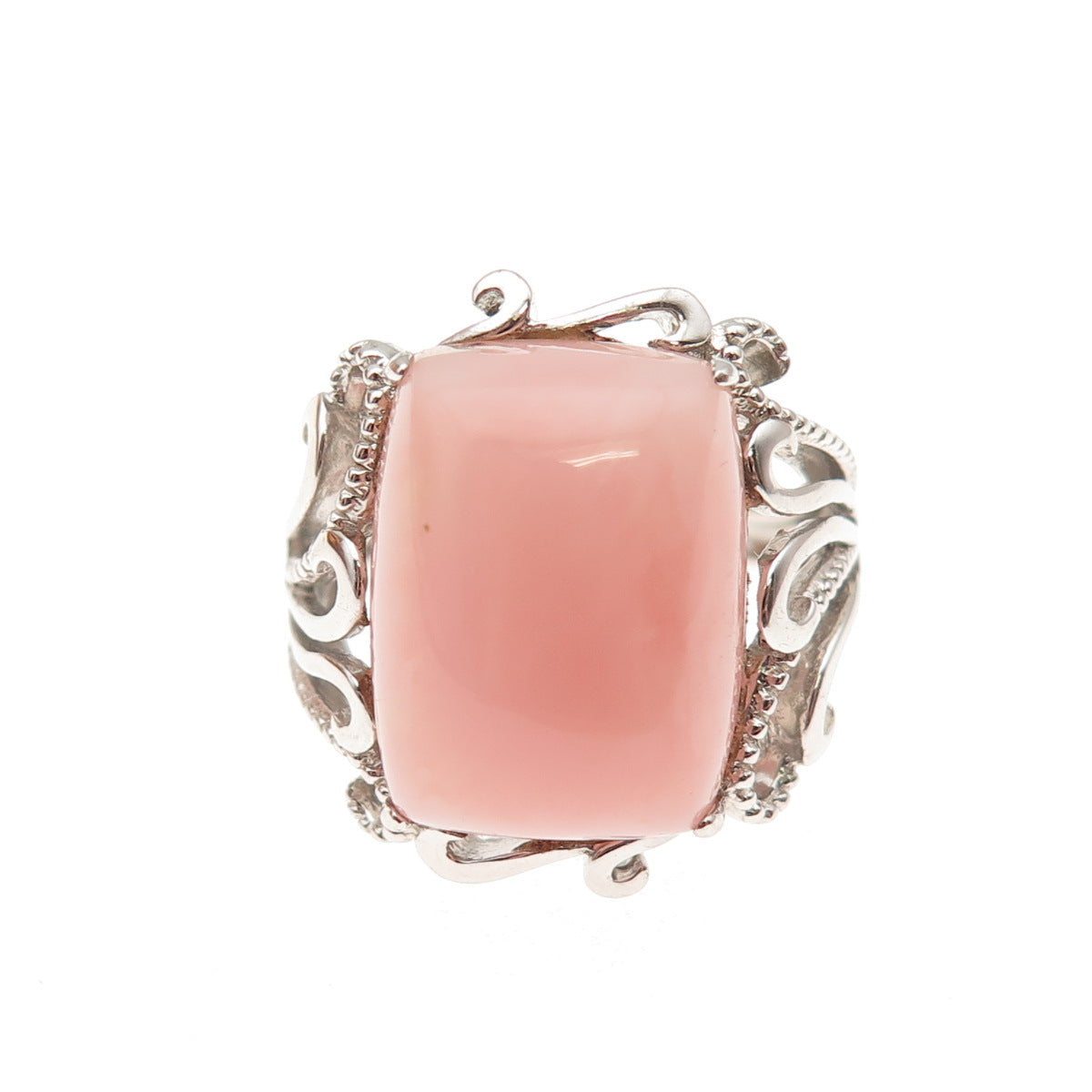925 Sterling Silver Real Cabochon Pink Opal Floral Scroll Ring Size 6