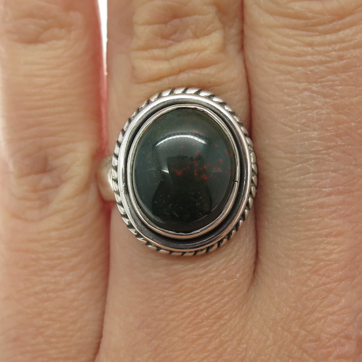 925 Sterling Silver Vintage Real Bloodstone Roped Oxidized Ring Size 6.25