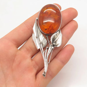 925 Sterling Silver Vintage Graciana Real Amber Floral Leaf Pin Brooch