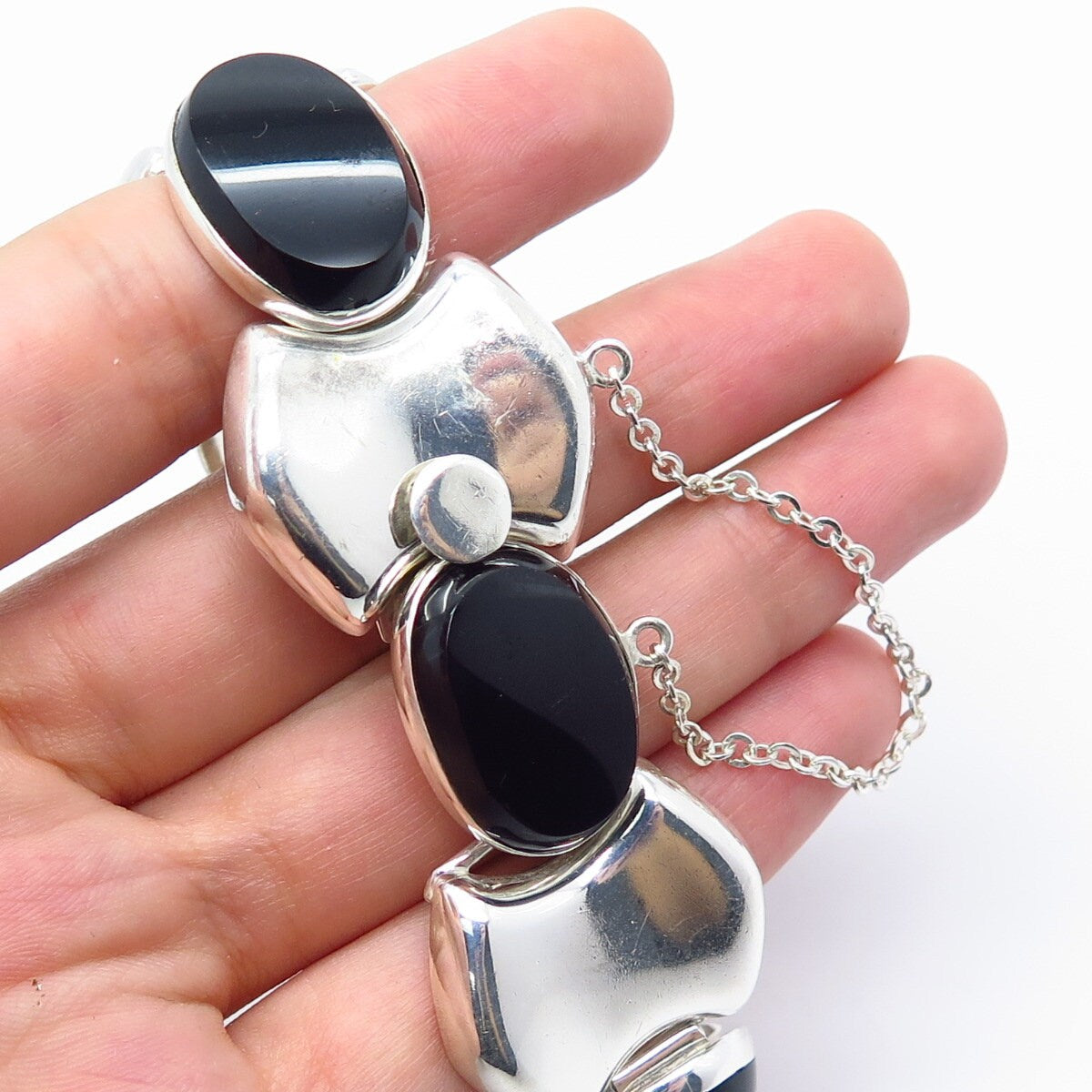 925 Sterling Silver Vintage Real Black Onyx Gemstone Modernist Bracelet 6.75"