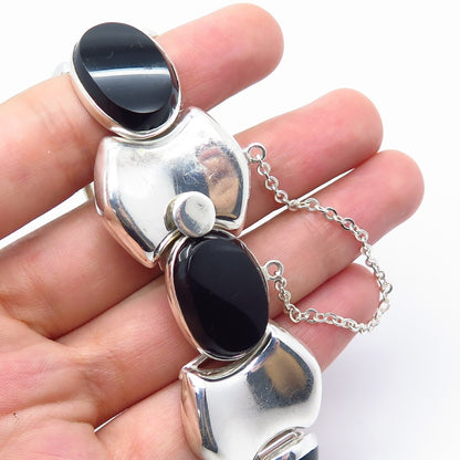 925 Sterling Silver Vintage Real Black Onyx Gemstone Modernist Bracelet 6.75"