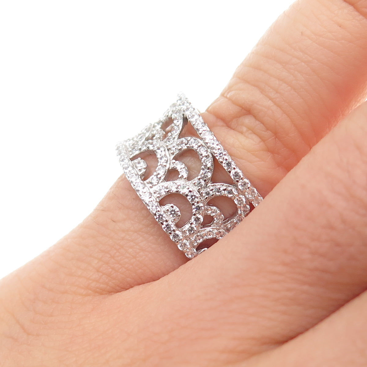 925 Sterling Silver Round-Cut C Z Ornate Band Ring Size 6.25