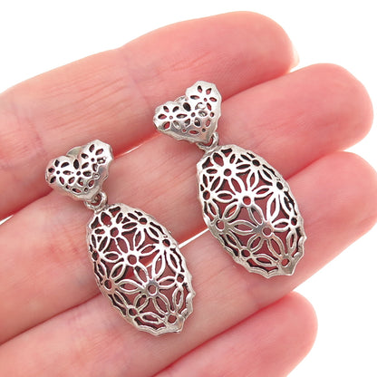 925 Sterling Silver Vintage Floral Ornate Oxidized Dangle Earrings
