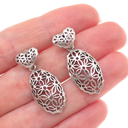 925 Sterling Silver Vintage Floral Ornate Oxidized Dangle Earrings
