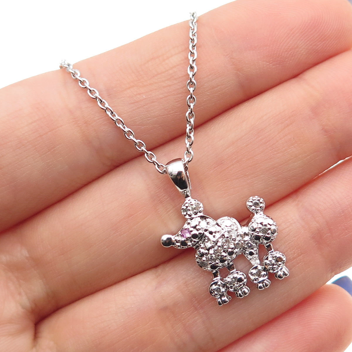 925 Sterling Silver Round-Cut Pink & White C Z Poodle Cable Chain Necklace 16"