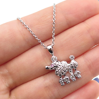 925 Sterling Silver Round-Cut Pink & White C Z Poodle Cable Chain Necklace 16"