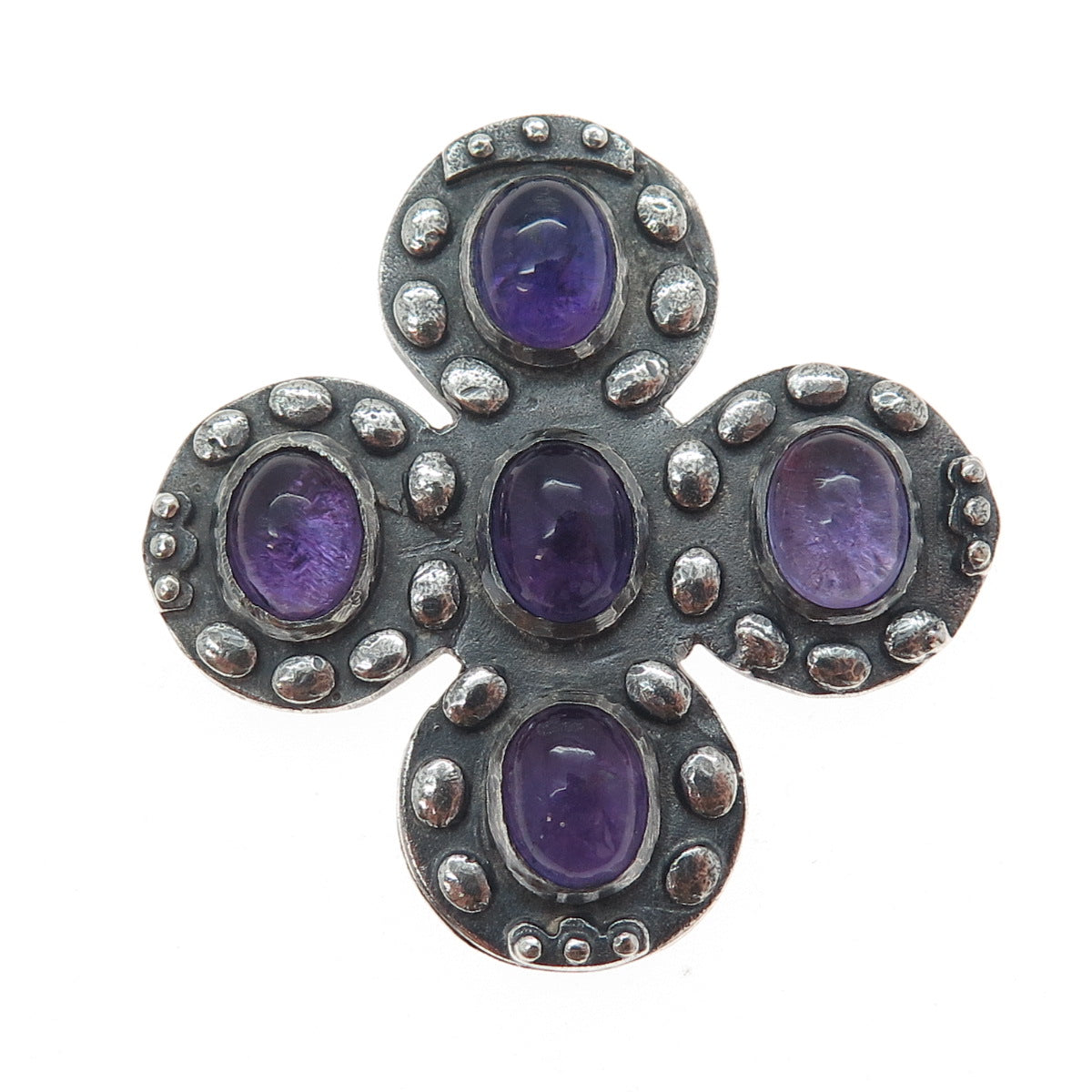 925 Sterling Silver Vintage Real Amethyst Modernist Cross Oxidized Pendant