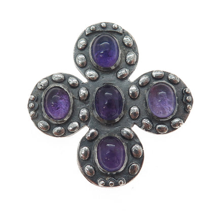 925 Sterling Silver Vintage Real Amethyst Modernist Cross Oxidized Pendant