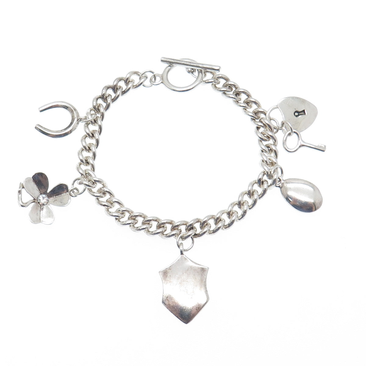 925 Sterling Vintage C Z Clover Horseshoe Heart Key Padlock Shield Bracelet 7"