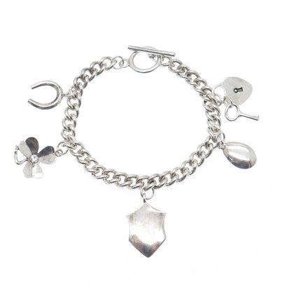 925 Sterling Vintage C Z Clover Horseshoe Heart Key Padlock Shield Bracelet 7"