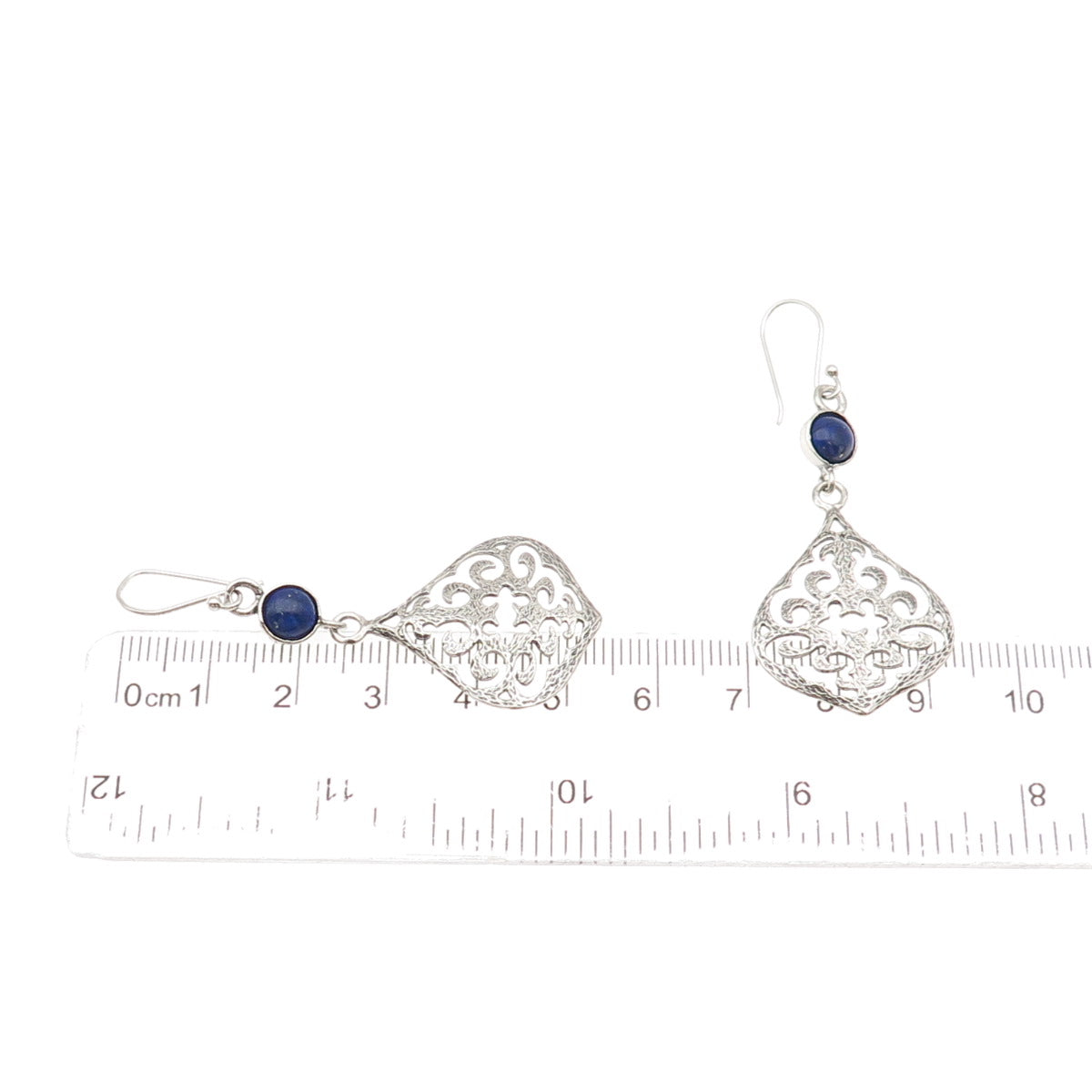 925 Sterling Silver Vintage Real Lapis Lazuli Ornate Dangle Earrings