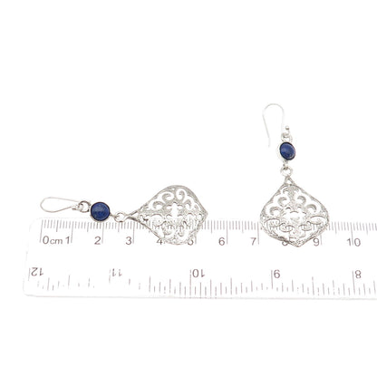 925 Sterling Silver Vintage Real Lapis Lazuli Ornate Dangle Earrings