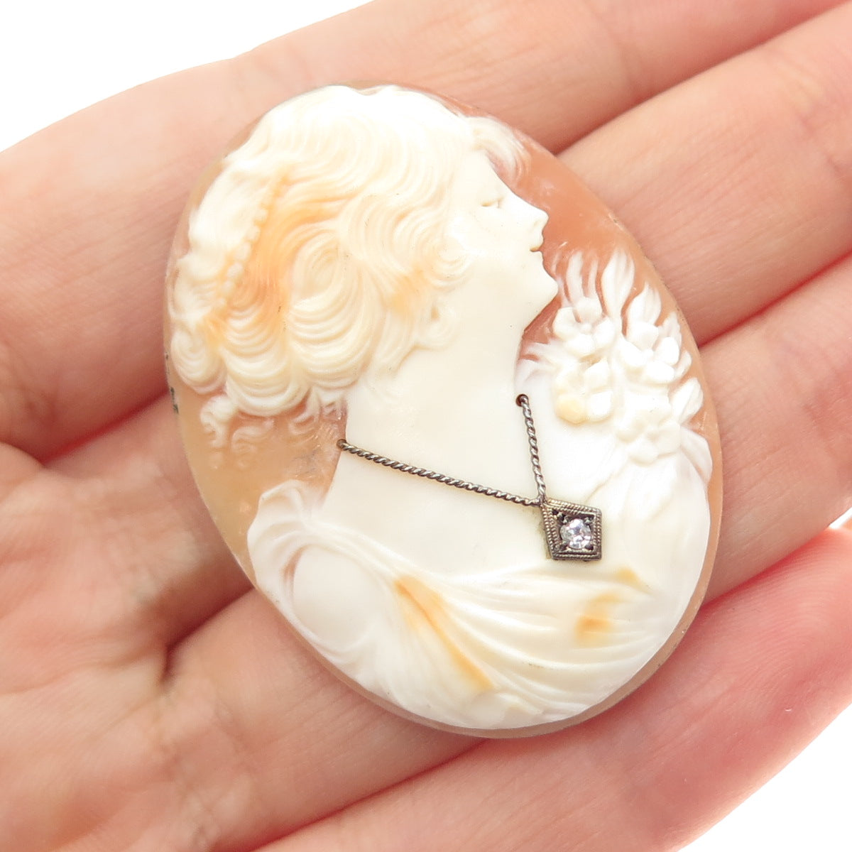 800 Silver Antique Real Round-Cut Diamond & MOP Victorian Lady Cameo