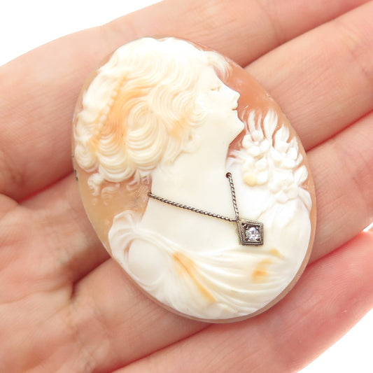800 Silver Antique Real Round-Cut Diamond & MOP Victorian Lady Cameo
