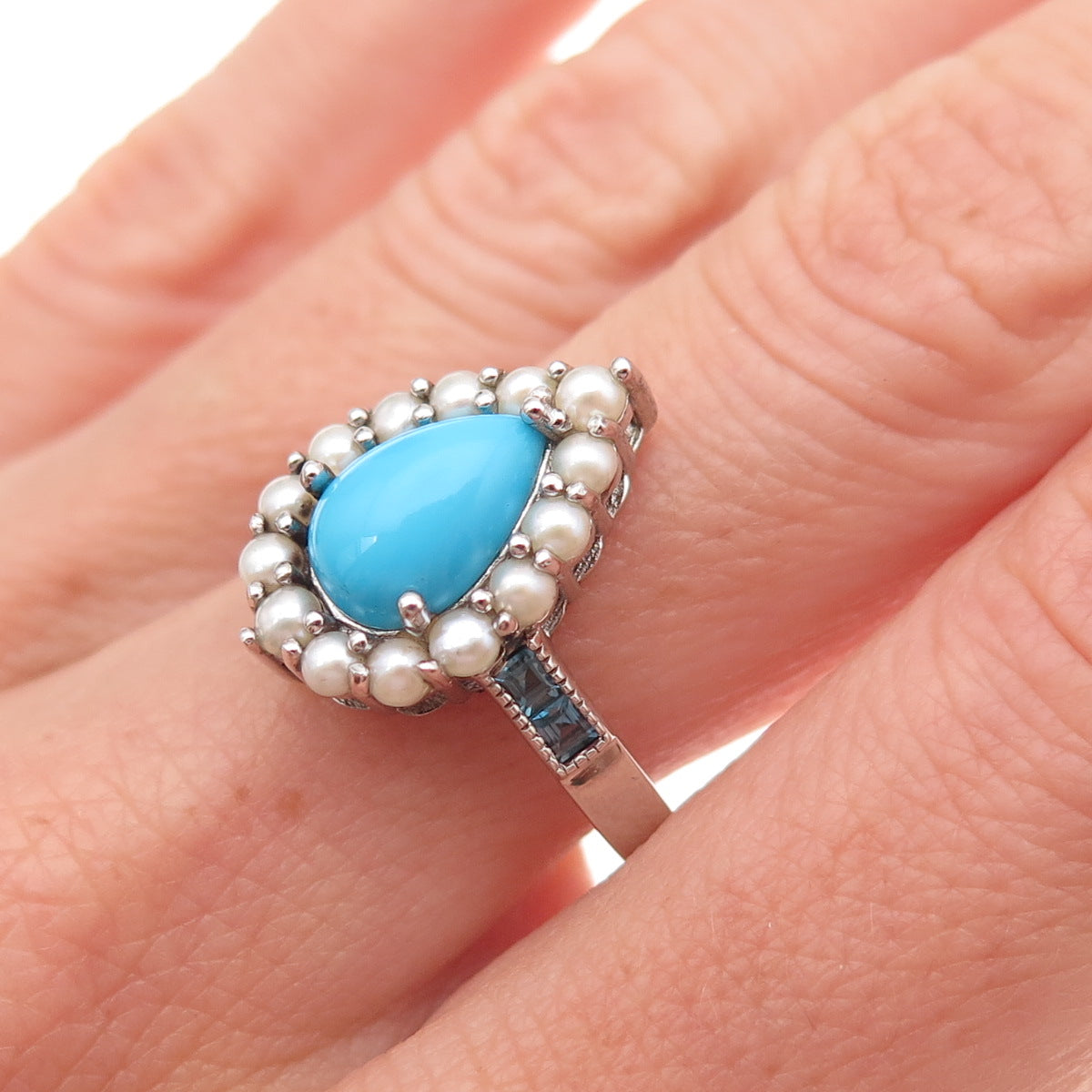 925 Sterling Silver Real Turquoise Pearl & London Blue Topaz Ring Size 8
