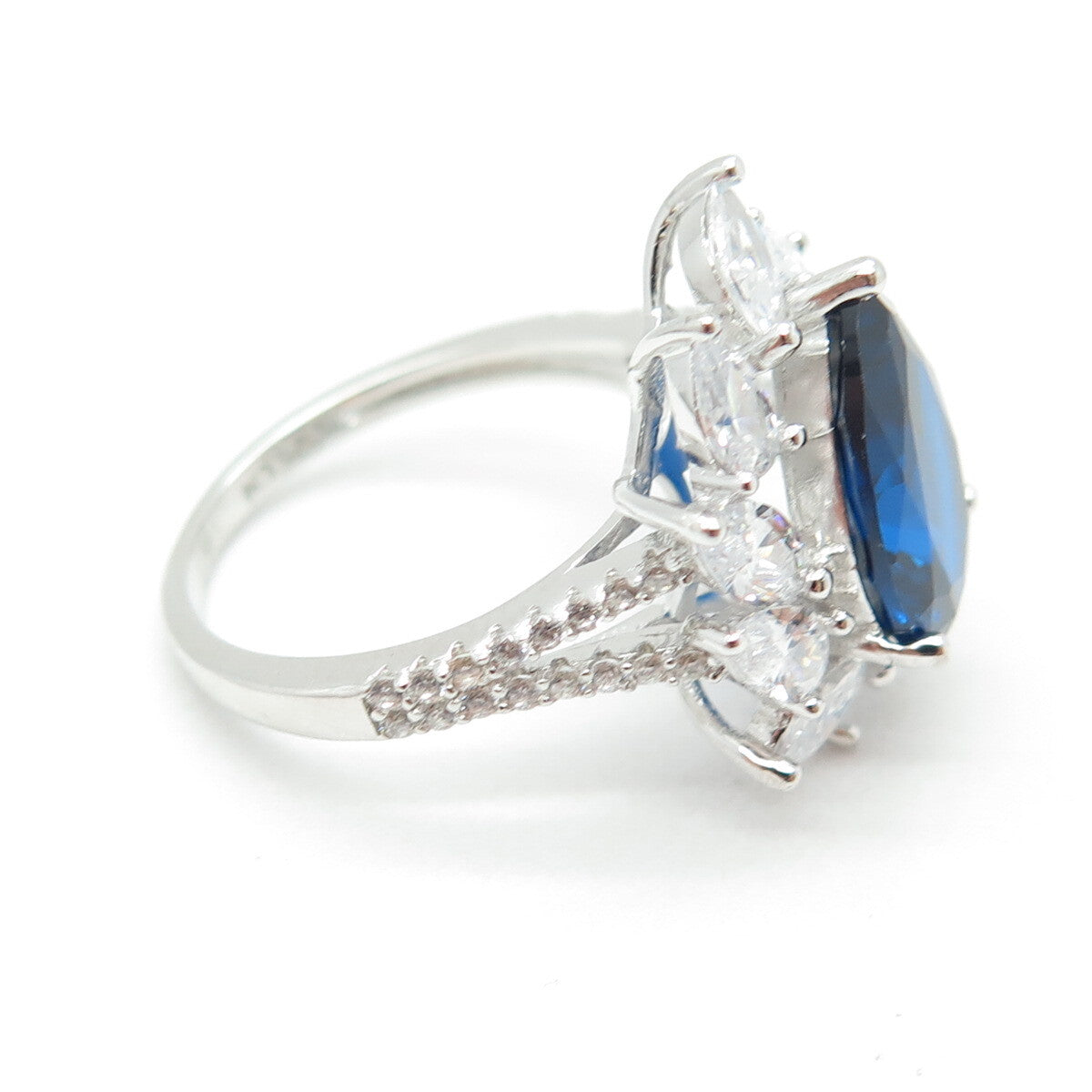 925 Sterling Silver Lab-Created Sapphire & C Z Teardrop Ring Size 8