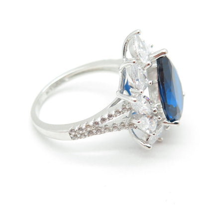 925 Sterling Silver Lab-Created Sapphire & C Z Teardrop Ring Size 8