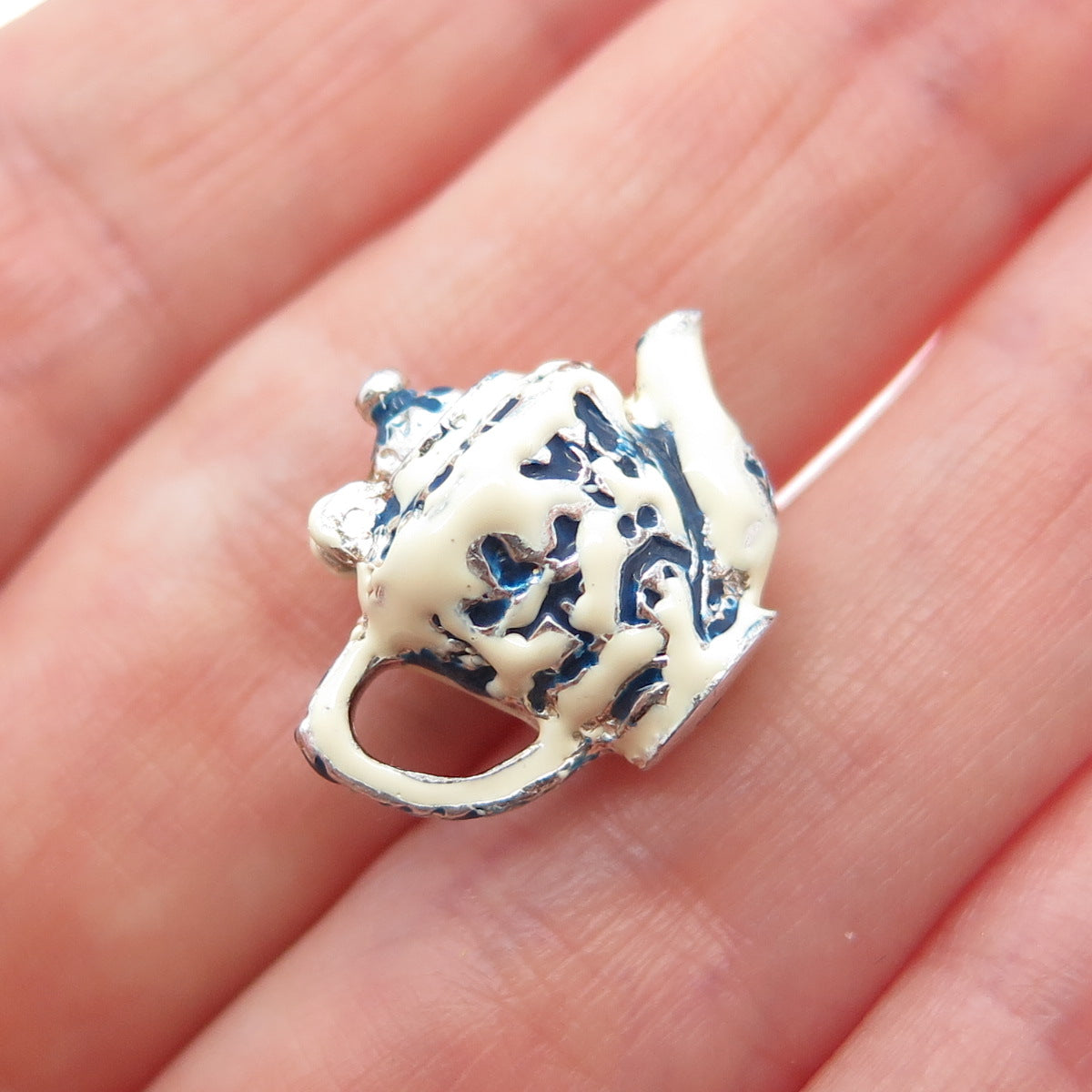925 Sterling Silver Vintage Enamel Teapot Movable Minimalist 3D Charm Pendant