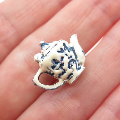 925 Sterling Silver Vintage Enamel Teapot Movable Minimalist 3D Charm Pendant