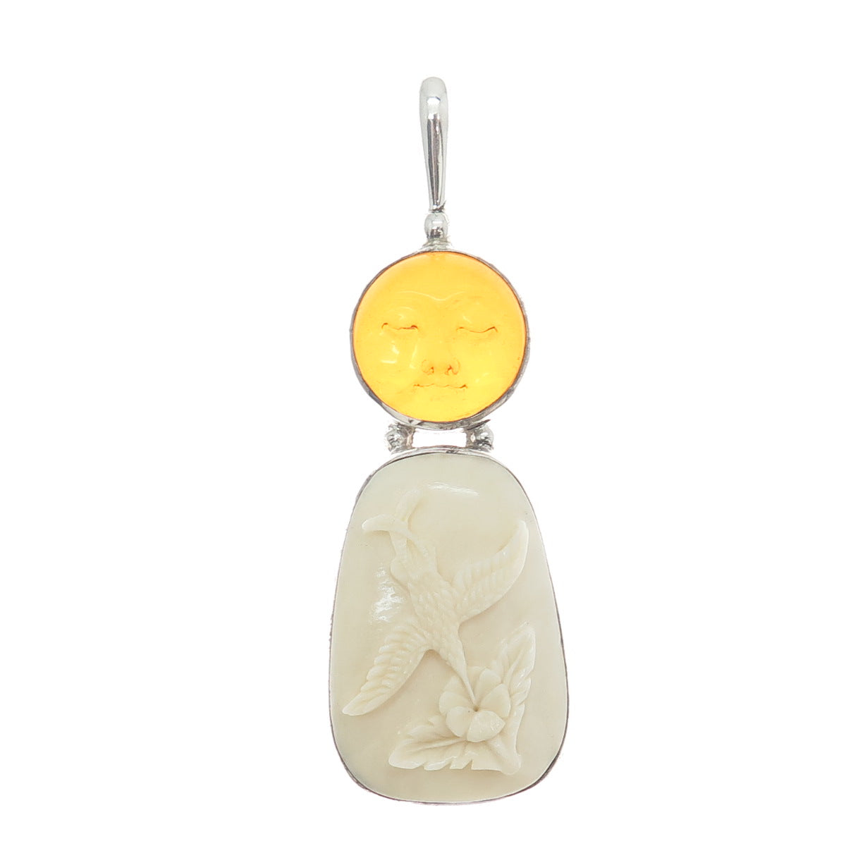 SAJEN 925 Sterling Silver Vintage Real Amber Carved Sun Face Hummingbird Pendant