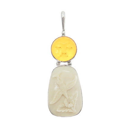 SAJEN 925 Sterling Silver Vintage Real Amber Carved Sun Face Hummingbird Pendant