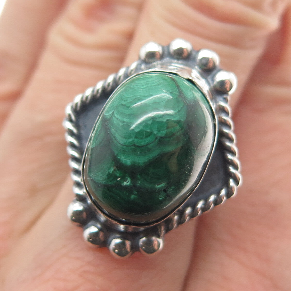 Old Pawn 925 Sterling Silver Vintage Southwestern Malachite Tribal Ring Size 8.5
