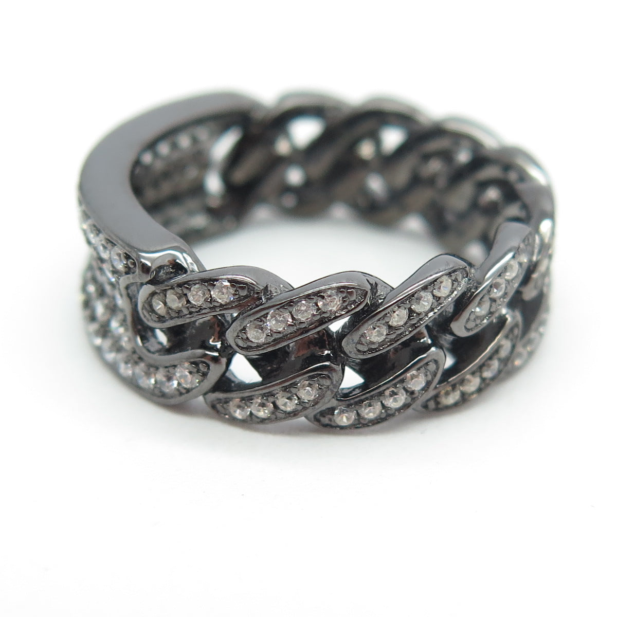 925 Sterling Silver Pave C Z Cuban Chain Band Ring Size 7