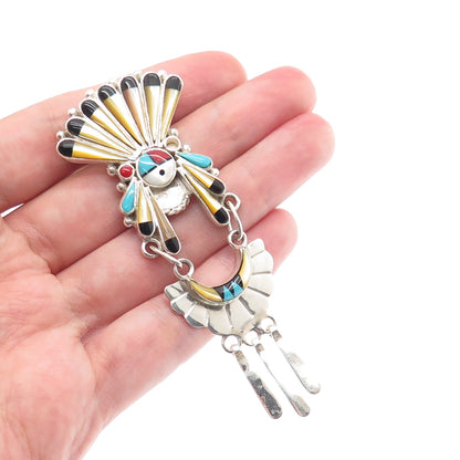 Old Pawn Silver Turquoise Onyx Coral MOP Indian Chief Pendant (missing 1 stone)